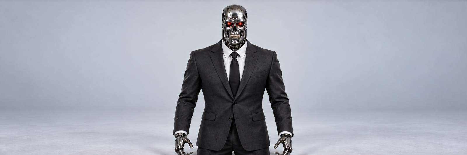 T-800 chrome robot with red eyes wearing a charcoal suit