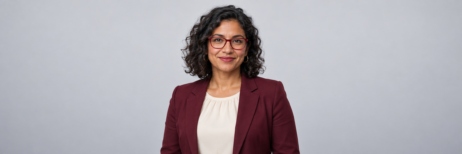 Elena Cruz with dark curly hair, red glasses and a burgundy blazer