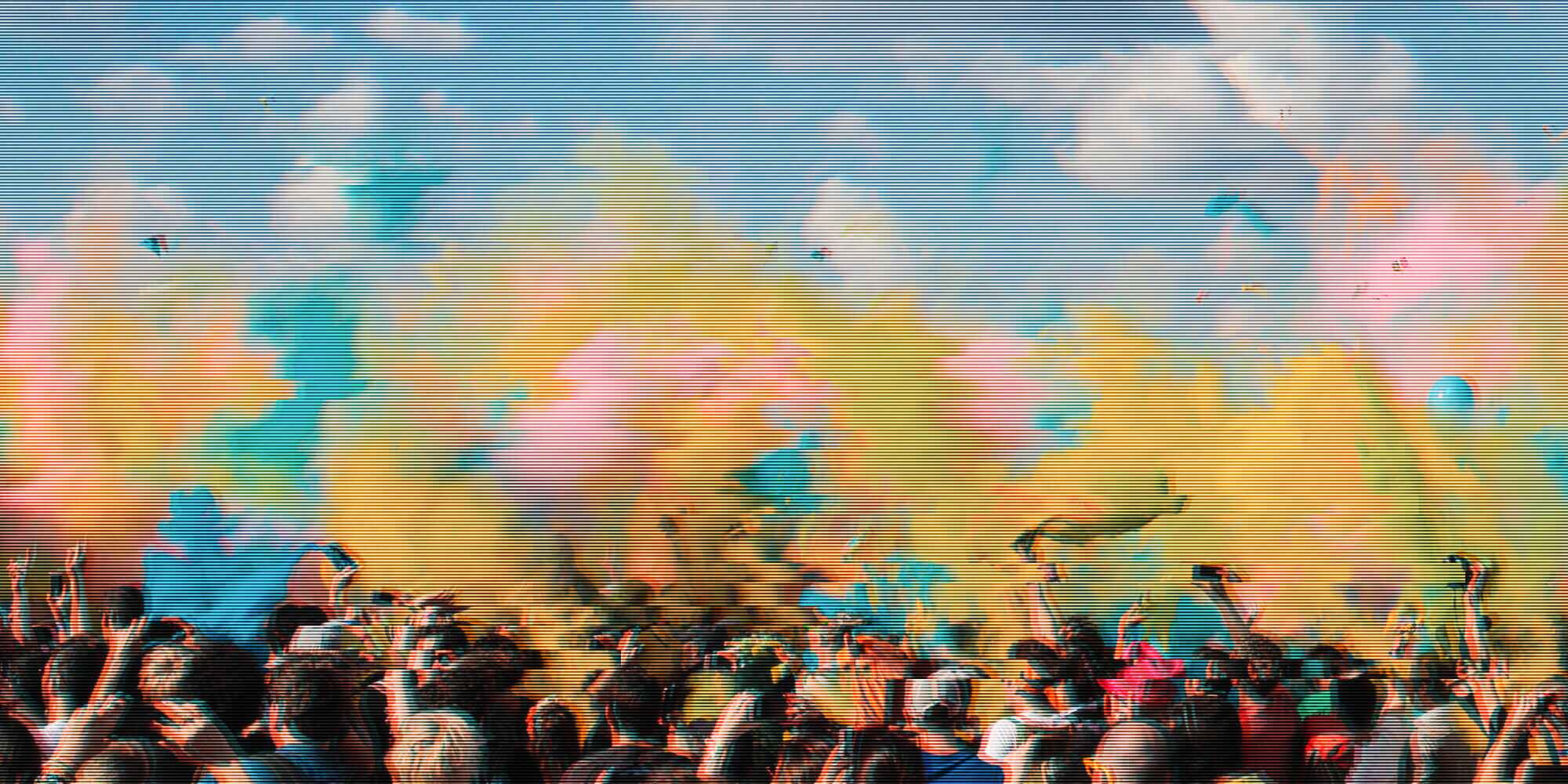 a large group of people under multicolored smoke and powder