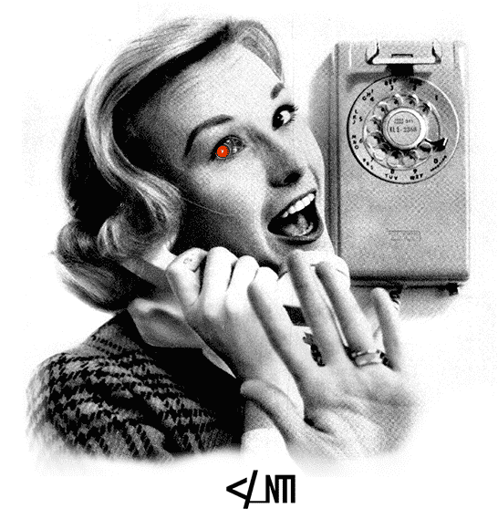a retro-styled image of a woman talking on a wall mounted rotary telephone but oh no! she has a red eye revealing that she's actually a terminator robot from the james cameron franchise.  Your step parents are probably dead.
